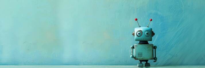 Poster - Vintage-style small robot with antennas standing against a textured teal background. Represents the blend of retro design and modern technology.