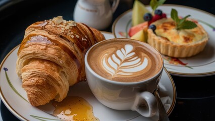 Sticker - A plate with a croissant and coffee on it next to pastry, AI