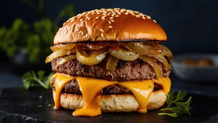 Canvas Print - A cheeseburger with onions and cheese on a black plate, AI