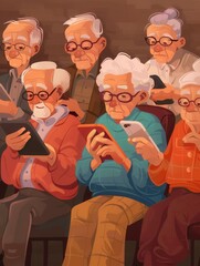 Fototapete - A group of elderly individuals actively use their devices, enjoying technology together in a warm and inviting indoor gathering. Generative AI