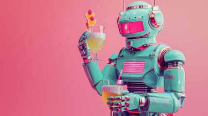 Poster - Retro-style robot holding cocktails against a pink background. Concept of futuristic leisure and robotic hospitality.
