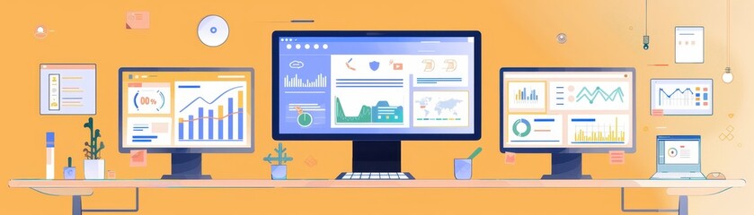 Poster - Modern office setup with multiple computer screens displaying data charts and graphs on an orange background. Ideal for business or tech themes.
