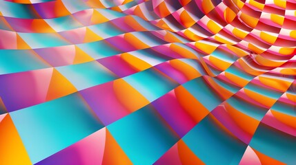 Poster - A colorful abstract checkered pattern, made of squares and a gradient of blue, orange and pink colors.
