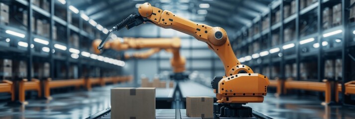 Poster - Robotic arm in an automated warehouse handling packages. Representing advanced logistics and smart warehouse solutions.