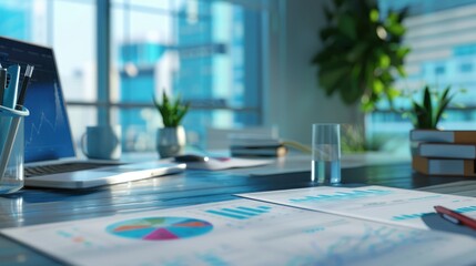 Poster - Modern office workspace with financial charts, laptop, and plants. Bright and professional setup ideal for business presentations.