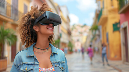 Woman Tourist Exploring a City Street With VR Headset