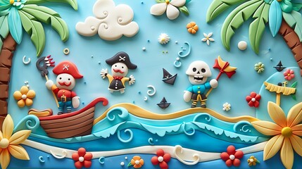 Poster - A claymation scene of pirates on an island with palm trees.