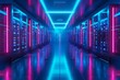 © Azhorov - Illuminated Server Room With Neon Blue and Pink Lights at Night. Generative AI