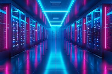 Poster - Illuminated Server Room With Neon Blue and Pink Lights at Night. Generative AI