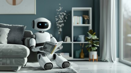 Aufkleber - Robot sitting on a couch reading a book in a modern living room. AI leisure activity and relaxation
