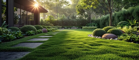 Poster - Modern Garden with Lush Greenery and Stone Path