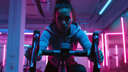 Wall Mural - A determined woman focuses intensely while cycling on a stationary bike in a neon-lit gym, highlighting her dedication and energy.