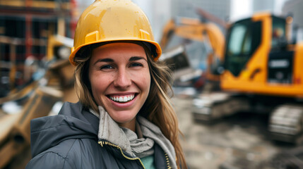 portrait of smiling woman wearing hard hat and jacket, working on a construction site with heavy machinery in the background.Portrait of a 25 year old young beautiful bulldozer operator