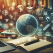 © Zhanna - An open book on a desk with a globe and various digital education symbols floating above it, representing the concept of global education. The background is filled with bookshelves, creating a warm
