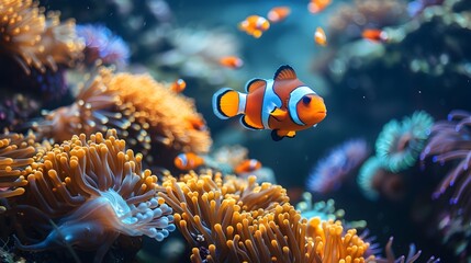 Wall Mural - Vibrant Clownfish Swimming Among Lush Sea Anemones in Tranquil Underwater Seascape