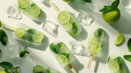 Poster - Refreshing lime and mint popsicles are scattered around ice cubes and fresh mint leaves on a bright white surface, evoking a cool and invigorating vibe.