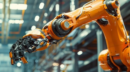 Poster - Close-up of an orange robotic arm in an industrial setting. Depicting cutting-edge robotics and mechanical precision.
