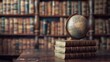 © Aris Suwanmalee - A vintage globe sits atop a stack of leather bound books in a library setting. The shelves behind are filled with countless volumes.