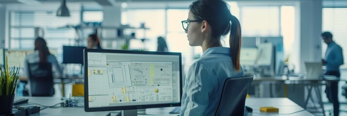 Aufkleber - Female engineer working on advanced technical designs on computer in a collaborative office. Engineering collaboration and innovative solutions.