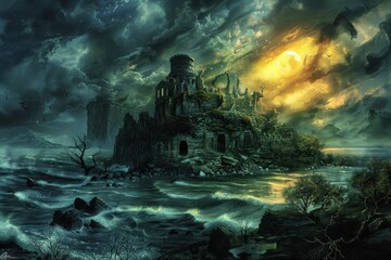 Wall Mural - Ancient castle ruins by the stormy sea under the moonlight