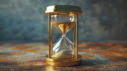 A classic hourglass with golden frame sits on a textured surface, the sand slowly trickling down.