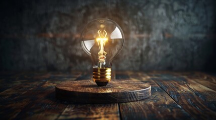 Wall Mural - A glowing light bulb on a rustic wooden surface against a dark textured wall.  The light illuminates the surrounding darkness.