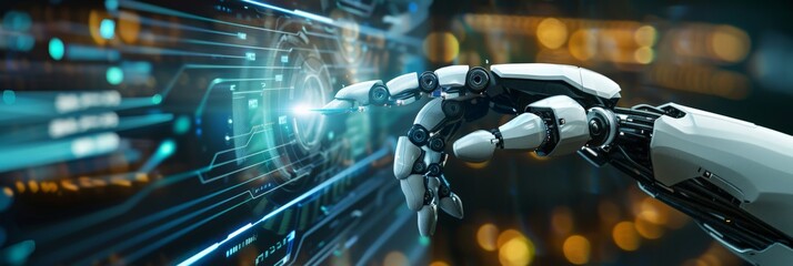 Poster - Robotic hand interacting with high-tech holographic interface. Futuristic technology and AI.