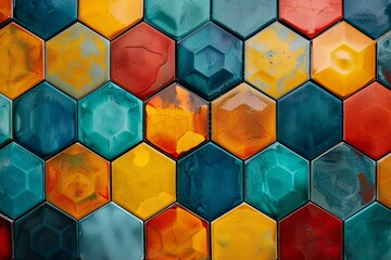 Poster - Vibrant Honeycomb Mosaic Pattern Displaying Hexagonal Tiles in Vivid Colors With Glossy Finish. Generative AI