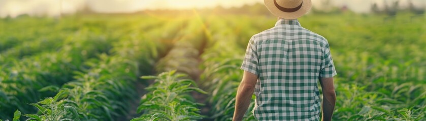 A farmer walks through a lush green field at sunset, surrounded by fresh crops and warm sunlight, embodying rural life and tranquility.