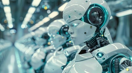 Poster - Line of advanced humanoid robots in a futuristic lab setting. Concept of AI and robotics in modern technological advancements.