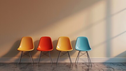 Four colorful chairs lined up against a wall, bathed in warm sunlight. Minimalist interior design concept.