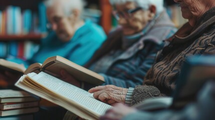 Poster - Elderly individuals focus intently on their foreign language textbooks and dictionaries in a cozy library environment during an afternoon study session. Generative AI