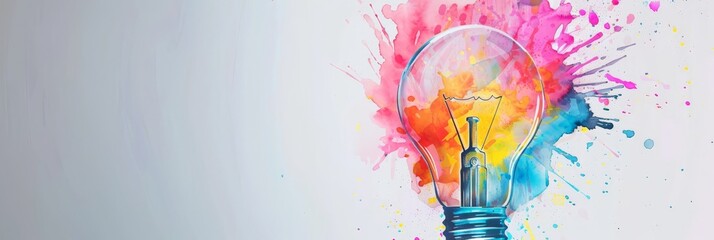 Poster - Light bulb with colorful splashes against a gradient background. Representing creativity and innovation.
