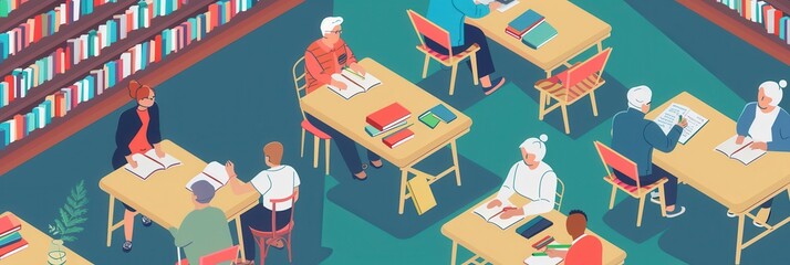 Poster - Elderly individuals enthusiastically study foreign languages using textbooks and dictionaries in a warm, inviting library setting. Generative AI