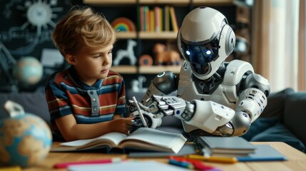 Aufkleber - Robot helping a young boy with his studies in a colorful classroom setting. Future education and interactive learning concept.