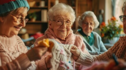 Aufkleber - Elderly individuals participate in a knitting class, sharing smiles and creative ideas while crafting in a warm, inviting atmosphere. Generative AI
