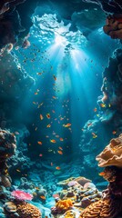 Canvas Print - Underwater Cave Teeming with Vibrant Marine Life and Coral