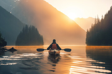 Wall Mural - Kayaker on a calm lake adventure