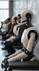 Poster - Row of robots and humans sitting side by side in a waiting area for a job interview. The futuristic scene highlights the integration of AI in the workplace.