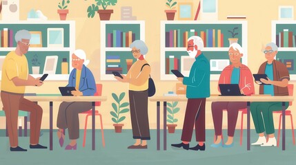 Aufkleber - A group of elderly individuals are learning to use tablets at a community center during an afternoon class focused on technology skills. Generative AI