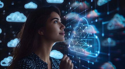 Poster - businesswoman interacts with augmented reality cloud computing interface for digital networking