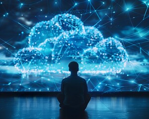 Poster - Businessman Viewing Digital Cloud Screen with Data Visualization and Network Connections Representing Modern Technology in Business Cloud Computing