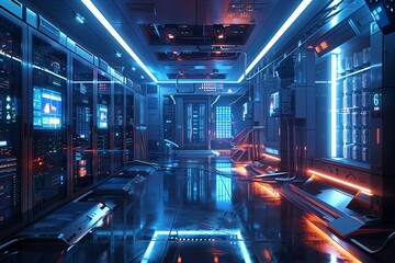 Poster - Advanced Server Room Equipped With Holographic Interfaces and Dynamic Lighting Technology. Generative AI