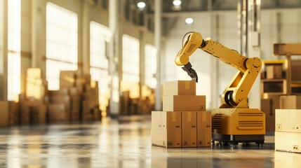 Poster - Yellow robotic arm stacking boxes in a bright warehouse. Automation and advanced robotics in logistics and storage.