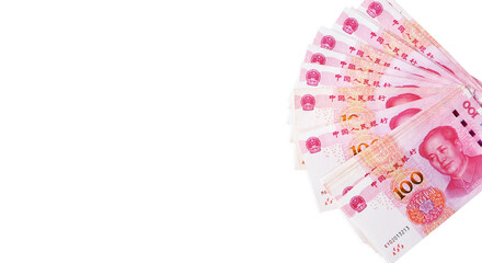 Poster - 100 Yuan Chinese Currency on the side with white copy space, background. Chinese money backdrop