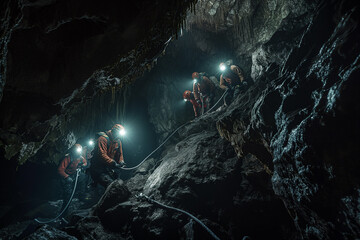 Canvas Print - Team spelunking in deep dark cave