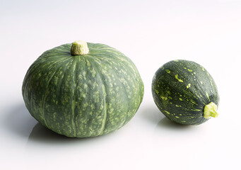 Canvas Print - Close-up of two fresh green sweet pumpkins on white floor, South Korea
