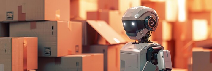 Poster - Cute humanoid robot among cardboard boxes in a warm warehouse setting. Concept of AI and robotics in storage management.