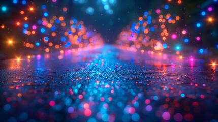 Glittering blue water reflects colorful bokeh lights, creating a futuristic and festive ambiance perfect for a Back to School celebration.