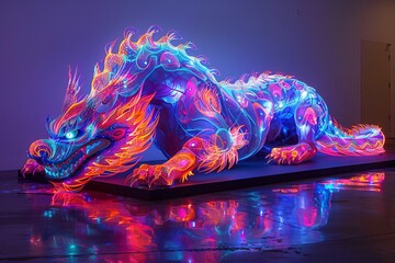 Poster - Vibrant Neon Chimera Creature Displayed in Modern Art Gallery at Night. Generative AI